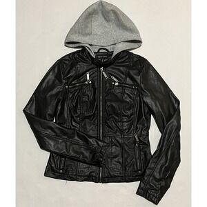New Look Women's Black Polyurethane leather jacket Hooded Size Small Full Zip